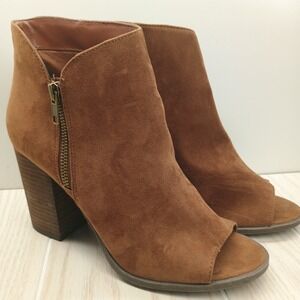 Carlos Santana Women's Jade Brown Open Toe Booties Size 9.5M Block Heels Leather